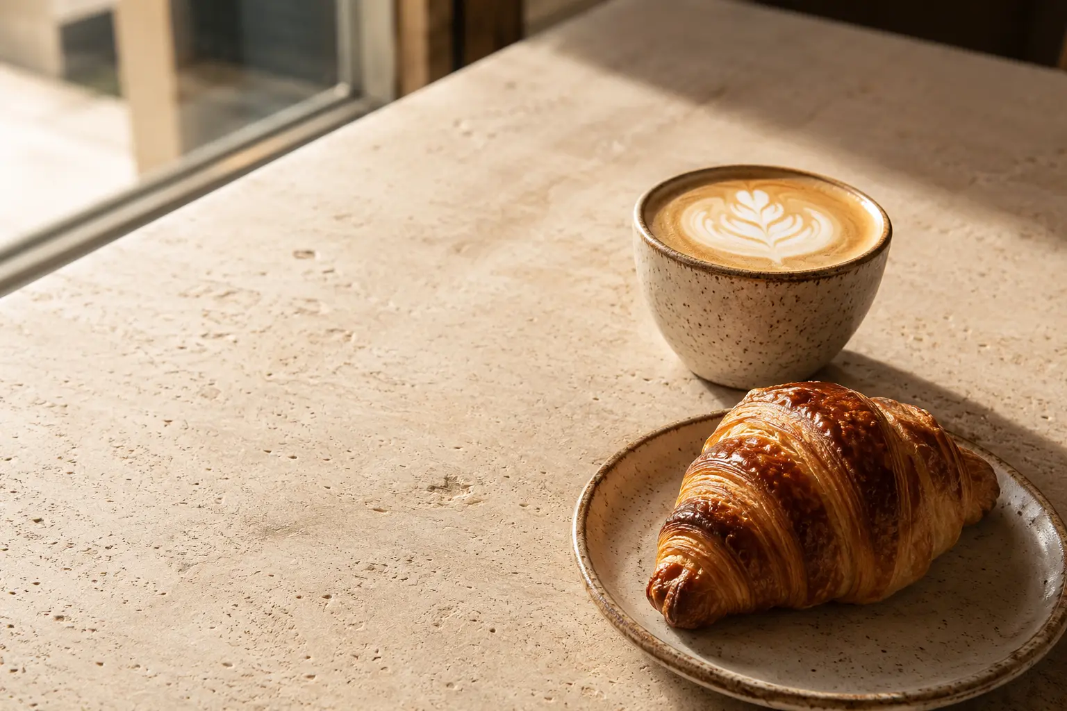 Latte y croissant de Casa Miga sobre una mesa iluminada por el sol