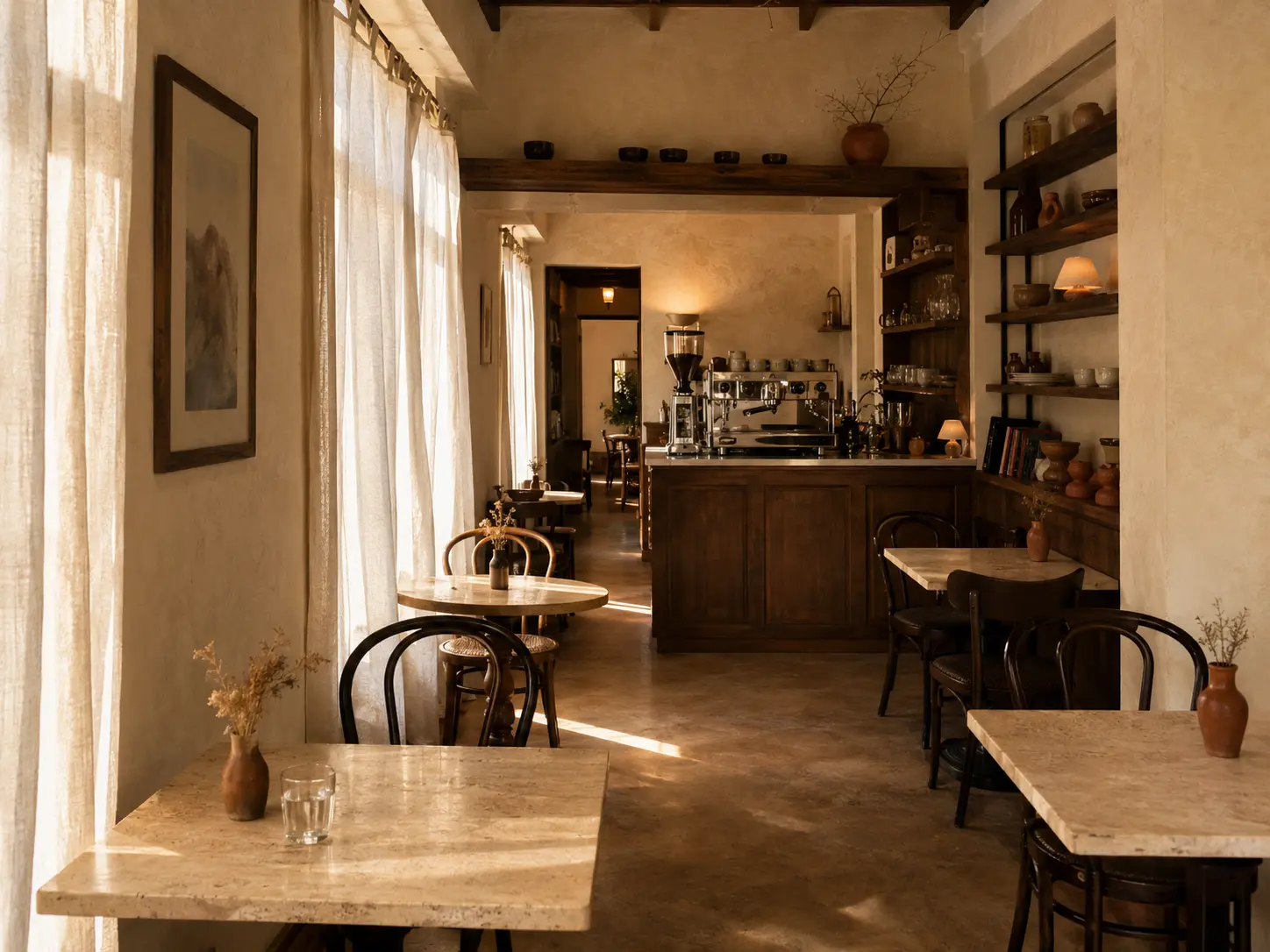 Interior cálido de Casa Miga con mesas de piedra y madera